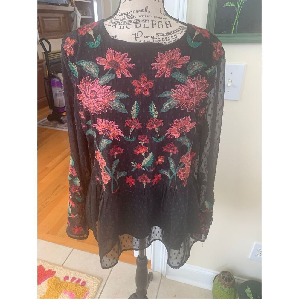 American Eagle Top Womens Medium Black Red Pink Baby Doll Floral Sheer Sleeve